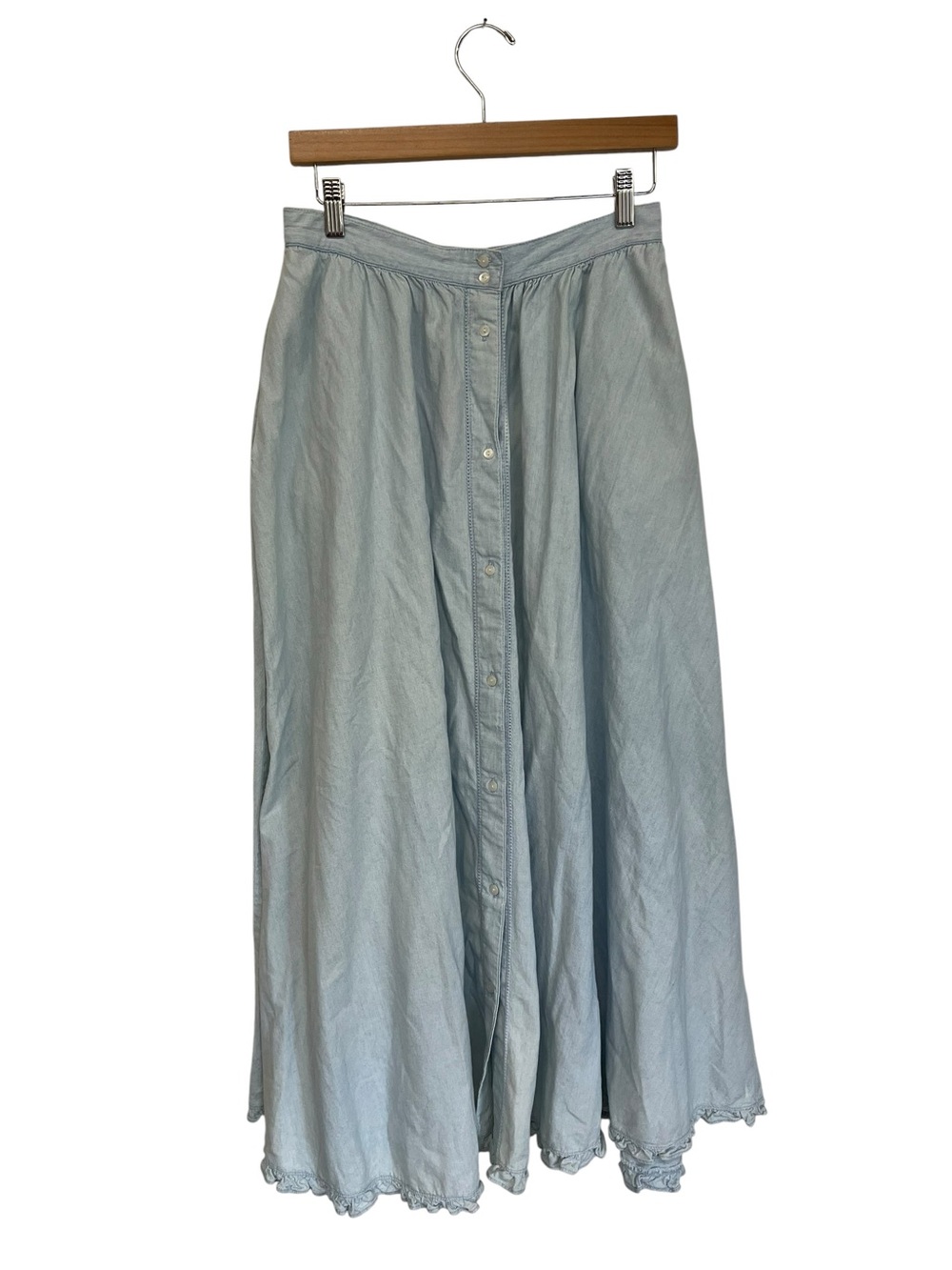Vintage Ralph Lauren Cotton Maxi Skirt Light Wash Flowy Ruffle Denim Hemline 8 - Picture 3 of 8